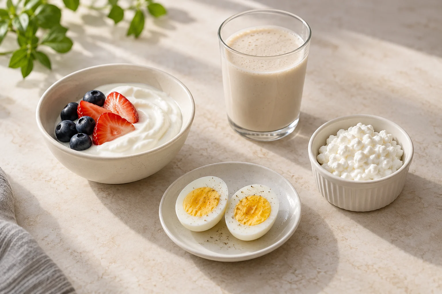 Small portions of yogurt, cottage cheese, eggs, and a protein drink