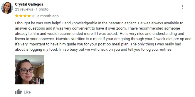 Patient review shared on the Nuestro Nutrition website