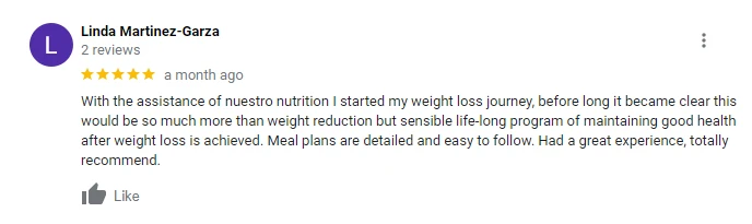 Patient review shared on the Nuestro Nutrition website